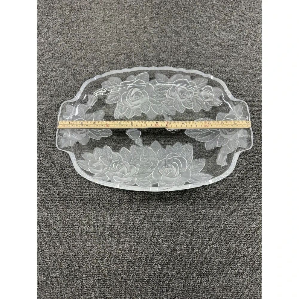 Clear Pressed Glass Oval Serving Tray, Floral‎ Rose Pattern, Decorative